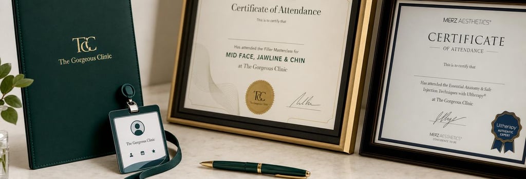 Photorealistic still life of professional certificates framed on a cream surface with a forest green folder, a clinical ID badge partially visible (no readable name), and a polished pen, shallow depth-of-field, warm natural studio light, premium medical-aesthetic tone