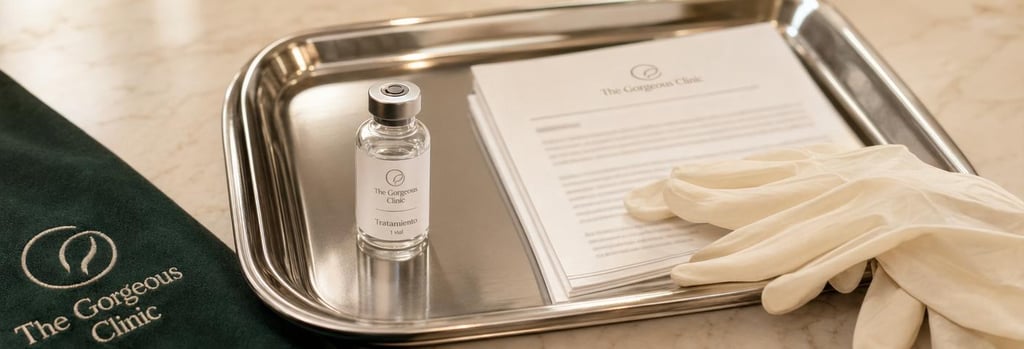 Photorealistic close-up of a polished sterile tray with a small labelled glass vial, a folded consent form (no readable text), and a pair of nitrile gloves on a cream marble surface, forest green cloth edge, shallow depth-of-field, editorial clinical-luxury feel, soft warm light, single focal point