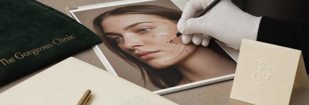 Photorealistic close-up of a consultation scene detail: clinician's gloved hand marking a simple facial map on a matte consultation photo with a soft pencil, cream consultation notes and a folded aftercare card nearby (no readable text), warm soft lighting, forest green cloth accent, editorial clinical feel