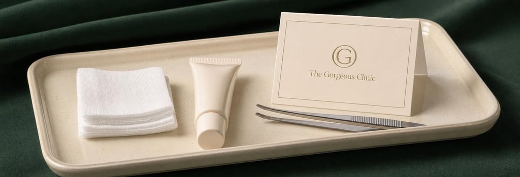 Photorealistic still life of aftercare items on a cream ceramic tray: sterile gauze, small tube of neutral cream, folded aftercare card (no readable text), polished steel tweezers, forest green background cloth, soft warm light, premium clinical-luxury presentation