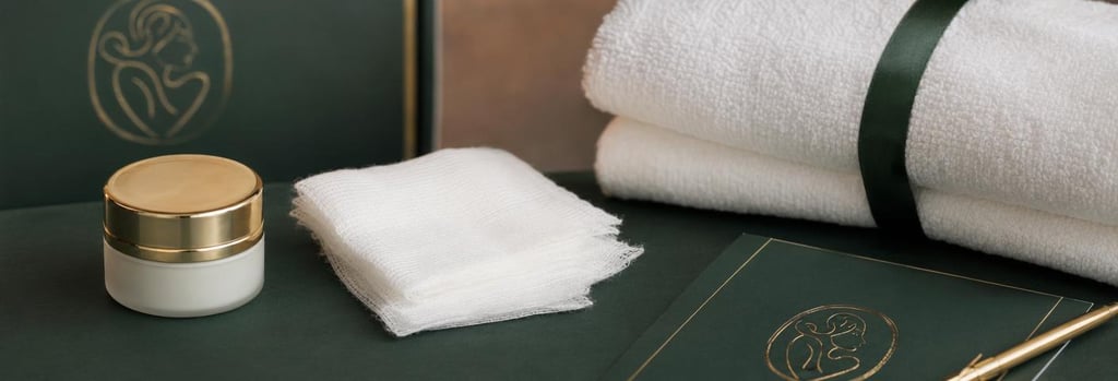 Photorealistic close-up of aftercare items: small cream jar, soft gauze, an aftercare card and a folded towel, forest green and warm gold accents, single focal point, editorial clinical-luxury style, no readable text or branding.