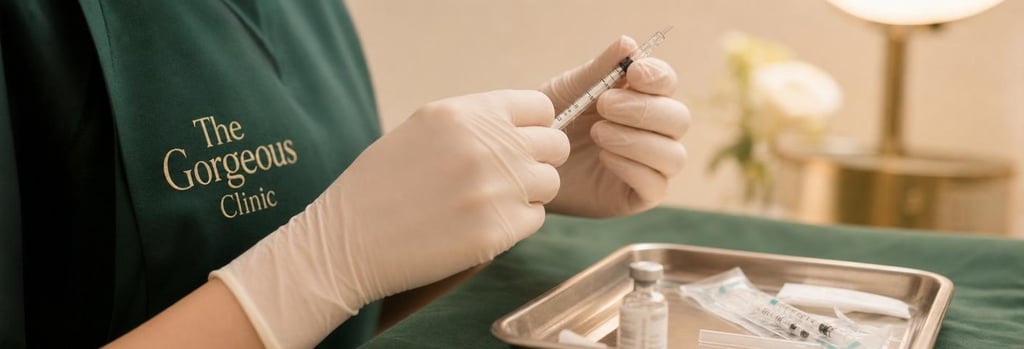 Photorealistic close-up of gloved hands holding a small syringe above a sterile tray: soft focus background, forest green cloth, warm cream lighting, editorial medical detail, no needle entering skin, no branding.
