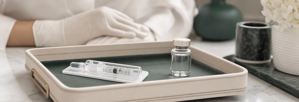 Photorealistic still life of a sterile tray with a covered syringe and small glass vial: neat clinical surface, soft cream and forest green accents, gloved hands out of focus, editorial medical-luxury mood, no branding or text.