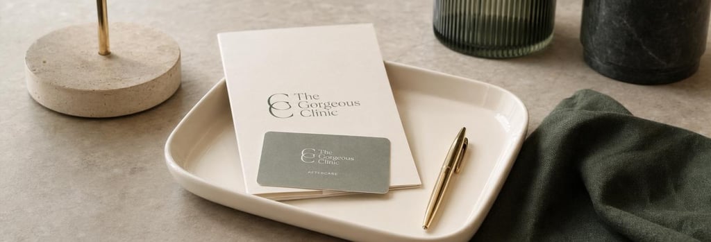 Photorealistic still life of consultation objects: folded consent form on a cream ceramic tray, a small aftercare card, a pen and a forest green linen cloth, soft editorial lighting, clear focal point, no readable text, clinical-luxury feel.