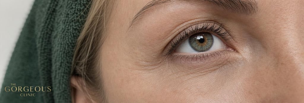 Photorealistic close-up of an under-eye area showing delicate skin and fine lines, neutral clinic lighting, subtle forest green towel in background, single focal point on periorbital texture, tasteful and clinical in style.