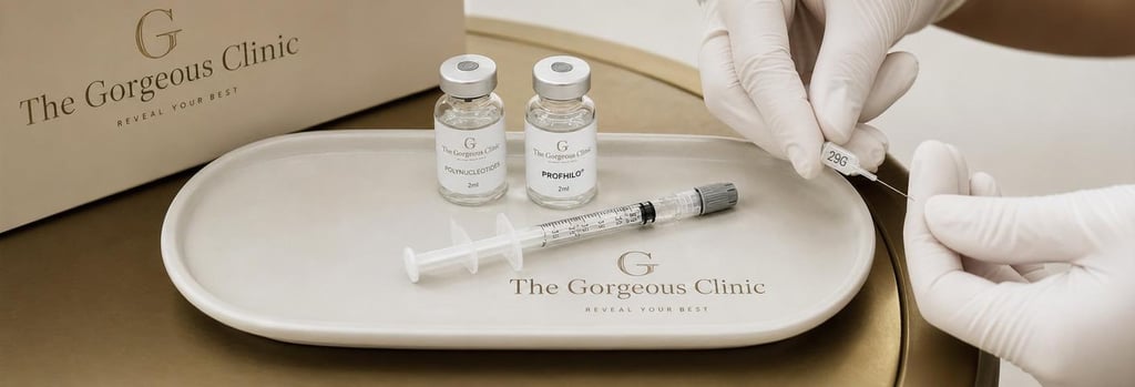 Photorealistic still life of a sterile tray with a single pre-filled syringe and two glass vials, gloved hands in soft-focus preparing a small 29G needle, cream ceramic tray and brushed gold treatment surface, editorial clinical-luxury styling.