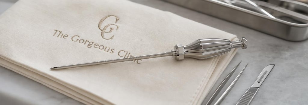 Photorealistic clinical still life of a polished cannula and small sterile surgical instruments on a folded cream cloth, soft clinical lighting, premium editorial feel, single focal point, no procedure being shown, conveys minor surgical technique