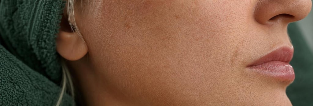 Photorealistic close-up of mature skin texture on cheek with natural pores, shallow depth of field, soft clinical lighting, subtle forest green towel in background, clear focus on texture and fine lines, premium aesthetic editorial feel, no branding