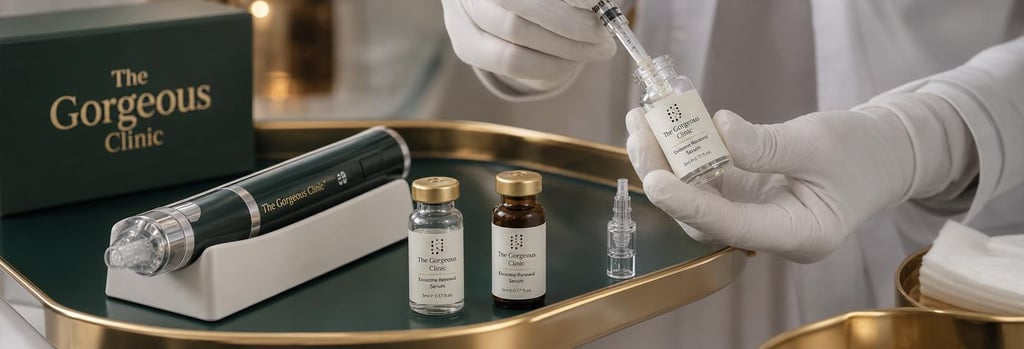 Photorealistic still life of a sterile tray with a motorised microneedling pen, glass vials, and gloved hands preparing a serum, soft warm clinical lighting, elegant medical-luxury styling with forest green and gold accents, single focal point, editorial detail