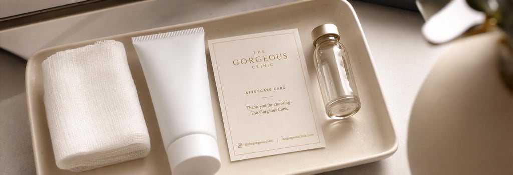 Photorealistic close-up of aftercare objects on a cream ceramic tray: sunscreen tube without label, soft gauze, small aftercare card and a glass vial, soft warm light, elegant medical-luxury composition, single focal point