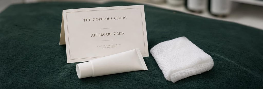 Photorealistic close-up of a neatly folded aftercare card, sunscreen tube without label, and a soft gauze pad on a forest green treatment cloth, elegant clinical detail, single focal point, soft flattering light