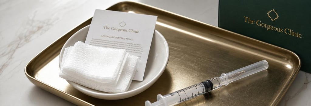 Photorealistic close-up of an aftercare kit: small cream ceramic dish with sterile gauze, a folded aftercare card with unreadable text, and a capped syringe on a brushed gold tray, soft cream and forest green accents, editorial clinical still life.