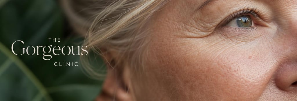 Photorealistic macro image of mature skin texture, shallow depth of field, soft cream and forest green tones, clear pores and faint expression lines visible, editorial clinical feel, no makeup, single focal point on cheek and crow's feet area, premium aesthetics mood.