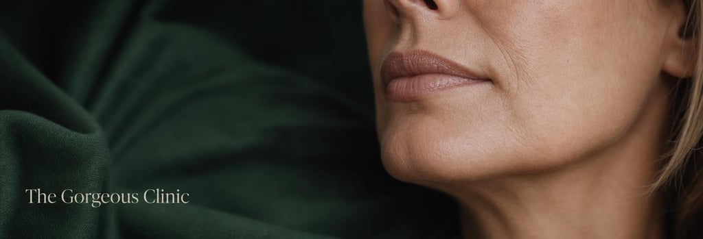 Photorealistic partial facial profile showing a cropped jawline and lower cheek in soft clinical lighting, realistic mature skin texture, forest green fabric in background, subtle negative space, editorial focus on facial balance and natural contours.
