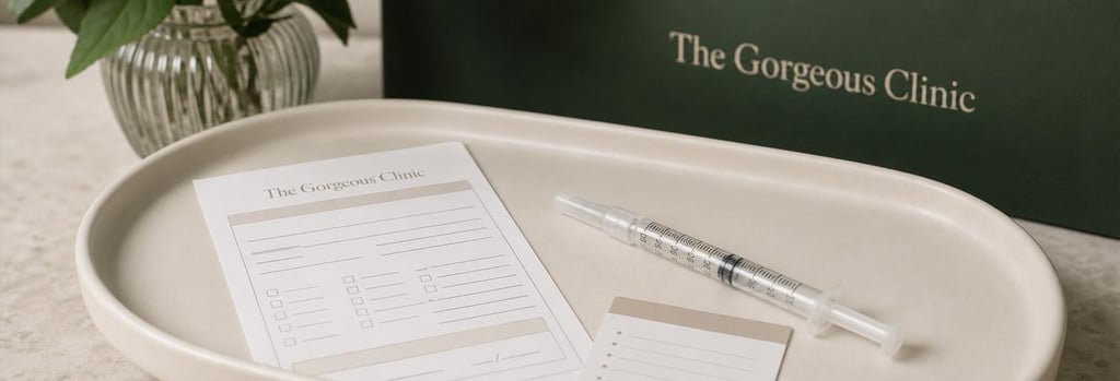 Photorealistic still life of a consultation form, a sterile capped syringe, and a small aftercare card on a cream ceramic tray, shallow depth of field, forest green background element, clean editorial look, no readable text or logos.