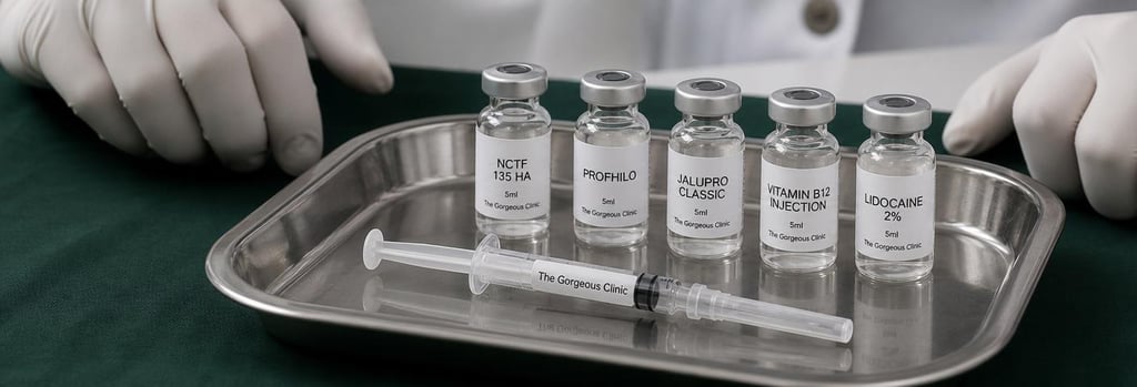 Photorealistic close-up of a sterile tray with labelled (non-branded) glass vials and one capped syringe, gloved hands in soft focus, forest green cloth beneath tray, editorial medical still life, single focal point on vials and syringe, clean clinical lighting.