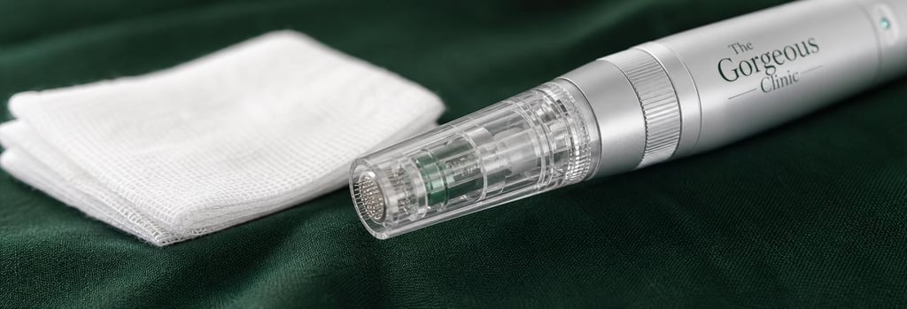 Photorealistic macro image of a sterile microneedling cartridge and gauze on a forest green cloth, shallow depth of field, editorial clinical-luxury look, no people visible, crisp detail on instrument.