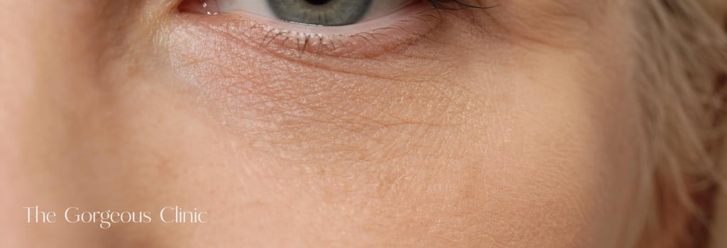 Photorealistic macro image of mature under-eye skin texture, subtle shadows and fine lines, shallow depth of field, editorial clinical-luxury look, showing realistic pores and crepey texture, soft flattering light, no people fully visible, single focal point on skin.