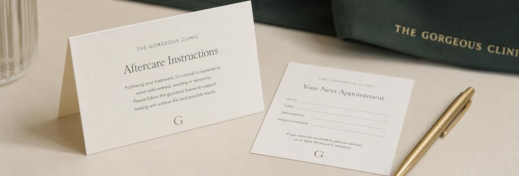 Photorealistic close-up of a consultation desk with a folded aftercare card, appointment card, and a brushed gold pen on a cream surface, forest green fabric in background, editorial medical-luxury mood, ample negative space, shallow depth of field.