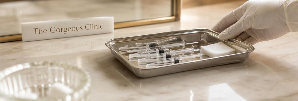 Photorealistic still life of polished syringes and a sterile tray on a cream ceramic surface, gloved hand adjusting the tray, editorial clinical-luxury mood, shallow depth of field, no branding, soft warm light.