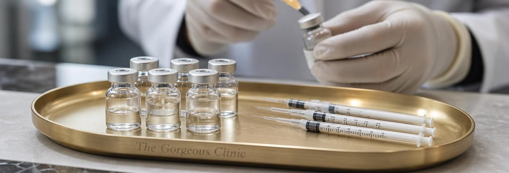 Photorealistic close-up of glass vials and small sterile syringes on a brushed gold tray, gloved hands in background preparing a vial, editorial medical-luxury feel, soft clinical lighting, no readable labels.
