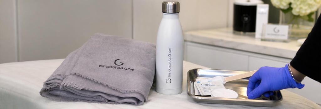Photorealistic still life of a folded lightweight scarf and a reusable water bottle on a treatment-room surface, with a small sterile tray and gloved hand in soft focus, editorial clinical feel suggesting post-treatment care.