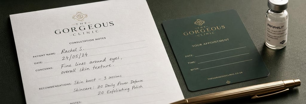 Photorealistic close-up of a consultation note on textured paper, a tasteful appointment card, and a polished pen on a forest green surface, with a small sterile vial visible, warm clinical lighting, editorial composition.