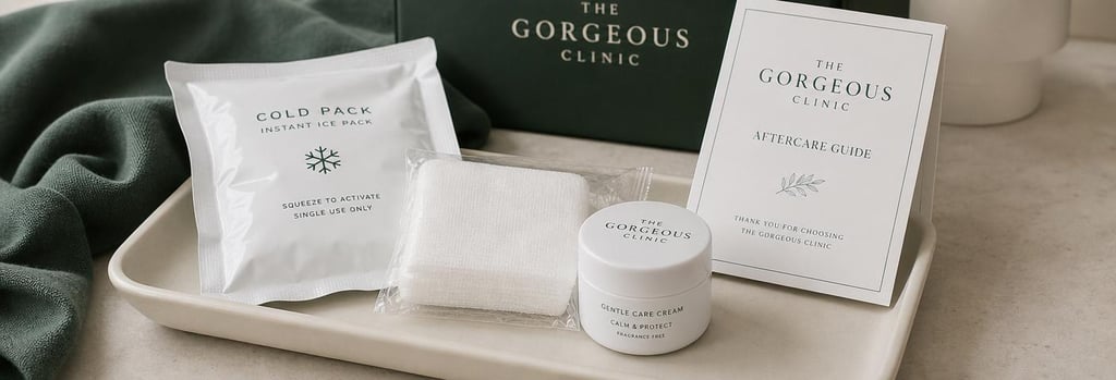 Photorealistic still life of an aftercare kit on a cream ceramic tray: a small ice pack, sterile gauze, a small pot of gentle cream, and a folded aftercare card, soft clinical lighting, forest green accent fabric, editorial medical-aesthetic feel.