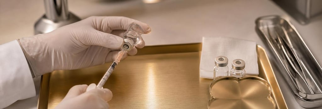 Photorealistic close-up of gloved hands preparing a sterile syringe and vial on a brushed metal tray, clinical instruments visible, soft warm lighting, editorial medical-luxury aesthetic, single focal point, no branding or readable text.