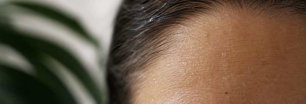 Photorealistic macro image of mature skin texture showing slight perspiration beads on the hairline area, clinical-luxury feel, soft clinical lighting, shallow depth of field, realistic skin pores, neutral cream and forest green accents, single focal point, no text or branding.