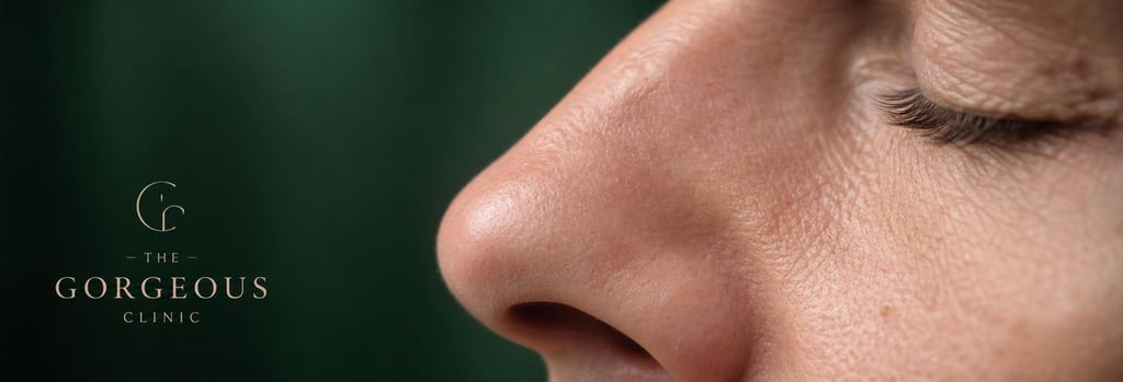Photorealistic macro close-up of a mature nose profile in soft clinical lighting, showing natural skin texture and subtle contour, no procedure being performed, forest green and warm cream tones, single focal point, editorial medical-aesthetic feel