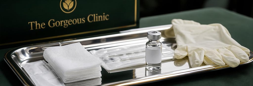Photorealistic close-up of a polished metal instrument tray with sterile gauze, a small vial labelled non-readable, gloves folded to the side, soft clinical lighting, forest green and gold accents, single focal point, premium medical-aesthetic still life