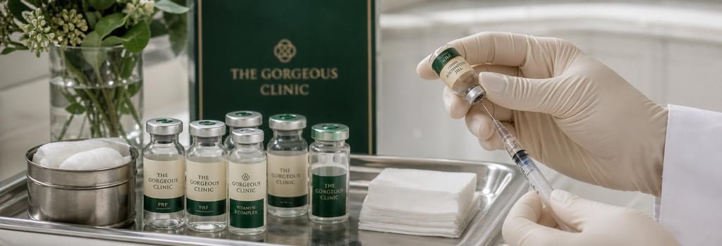 Photorealistic still life of a sterile tray with glass vials and gloved hands preparing a syringe, clinical textures, forest green and soft cream accents, single focal point, no injection action visible, editorial medical-aesthetic composition