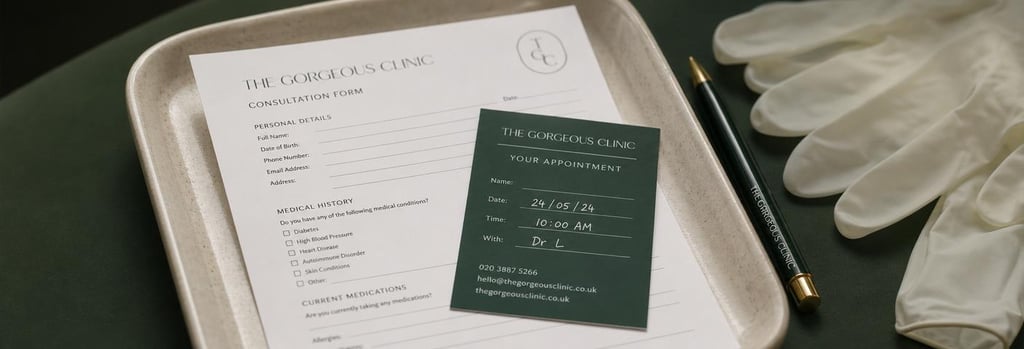 Photorealistic close-up of a consultation form and appointment card on a cream ceramic tray, pen and folded gloves nearby, soft forest green background, single focal point, editorial clinical detail