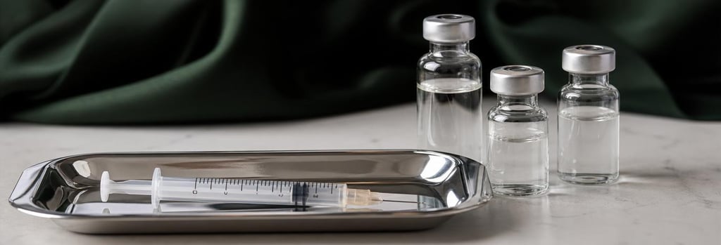 Photorealistic still life of polished glass vials and a sterile tray with a single syringe, forest green fabric in soft-focus background, editorial clinical feel, negative space, high-detail textures, no readable labels.