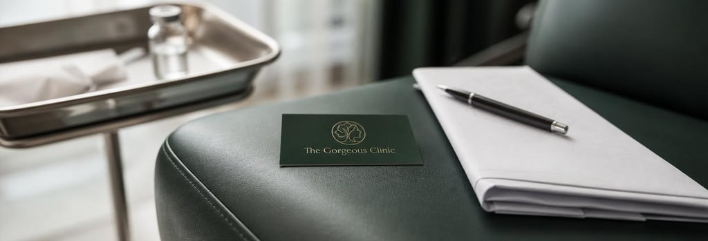 Photorealistic still life of a clinician's appointment card, a pen and neatly folded consent form on a forest green treatment chair arm, sterile tray with vial in soft-focus, editorial clinical composition, no readable text.