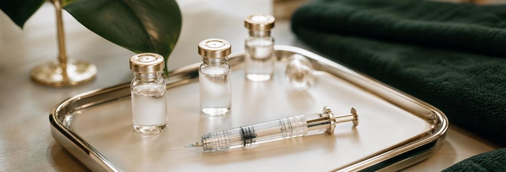 Photorealistic close-up of a sterile tray with glass vials and a single polished syringe, warm cream and forest green accents, shallow depth of field, editorial clinical-luxury feel, clean composition, no text or branding.