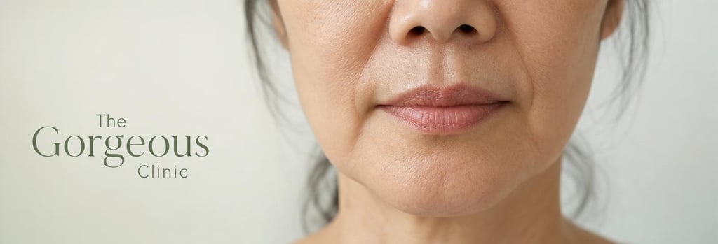 Photorealistic close-up of a mature Chinese woman’s lower face in soft clinical lighting, cropped to show lips and perioral area, realistic skin texture, gentle cream and green tones, editorial medical-aesthetic feel, no heavy retouching.