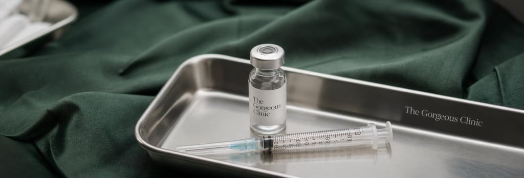 Photorealistic close-up of a sterile tray with a single syringe and small glass vial, soft editorial lighting, shallow depth-of-field, forest green cloth in background, premium clinical still-life composition