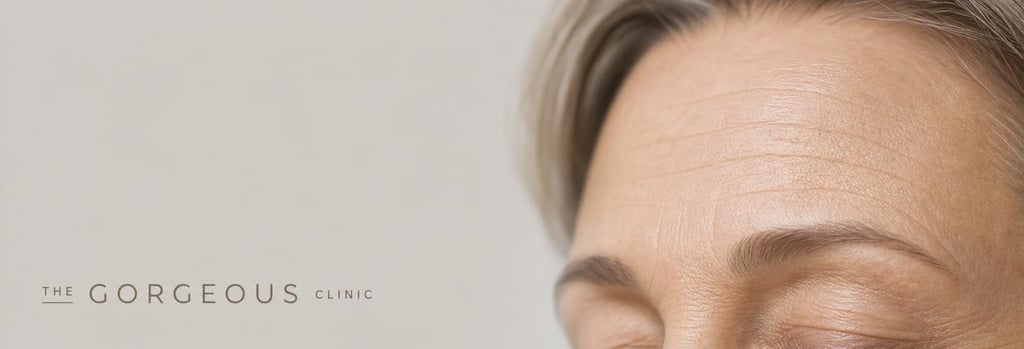 Photorealistic macro image of mature skin texture with soft clinical lighting, shallow depth-of-field showing forehead lines in subtle focus, elegant negative space, no procedure shown, premium editorial medical feel