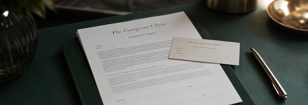 Photorealistic close-up of consultation items: consent form (text unreadable), appointment card (no visible branding), and a polished pen on a forest green surface, soft flattering light, premium clinical detail