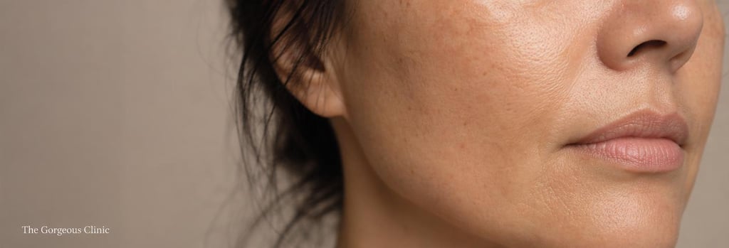 Photorealistic close-up of mature cheek and jawline skin texture in soft clinical lighting, subtle freckles and pores visible, negative space, editorial aesthetic, conveys post-treatment calm and realistic skin detail