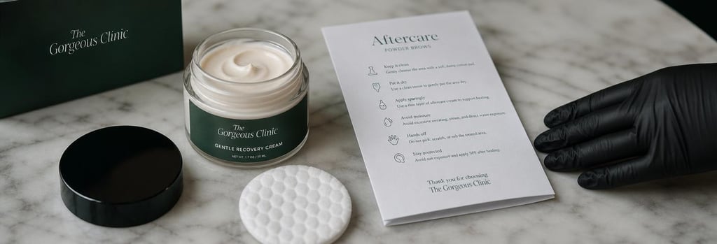 Photorealistic still life of a small open jar of gentle cream, a folded aftercare leaflet and a cotton pad on a marble surface, gloved hand off to the side, forest green accent, clinical-luxury editorial feel