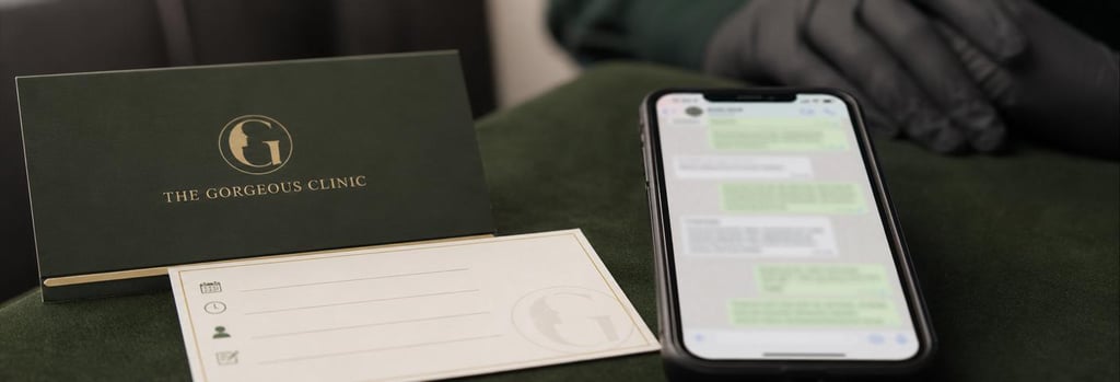 Photorealistic close-up of a clinic appointment card and a smartphone showing a WhatsApp message thread blurred, gloved hand in background, forest green and cream tones, premium clinical aftercare context, no readable text