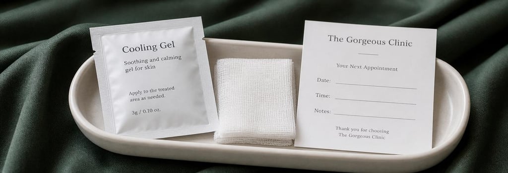 Photorealistic close-up of an aftercare kit on a cream ceramic tray: cooling gel sachet, soft gauze, and an appointment card, forest green fabric in the background, elegant clinical still life, no branding