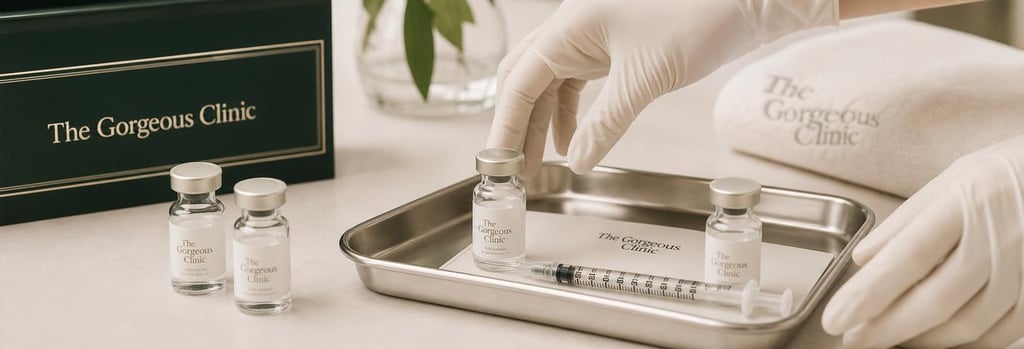 Photorealistic still life of glass vials and a sterile tray with a fine syringe, gloved hands reaching in, soft cream and forest green accents, editorial clinical lighting, negative space, premium medical aesthetic composition