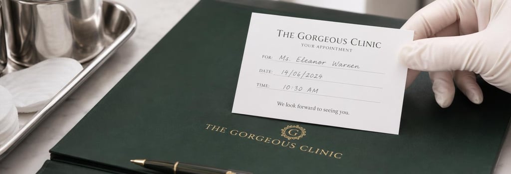 Photorealistic close-up of a polished appointment card and a clinician's gloved hand on a forest green folder, sterile tray and pen nearby, soft editorial lighting, premium clinical consultation detail