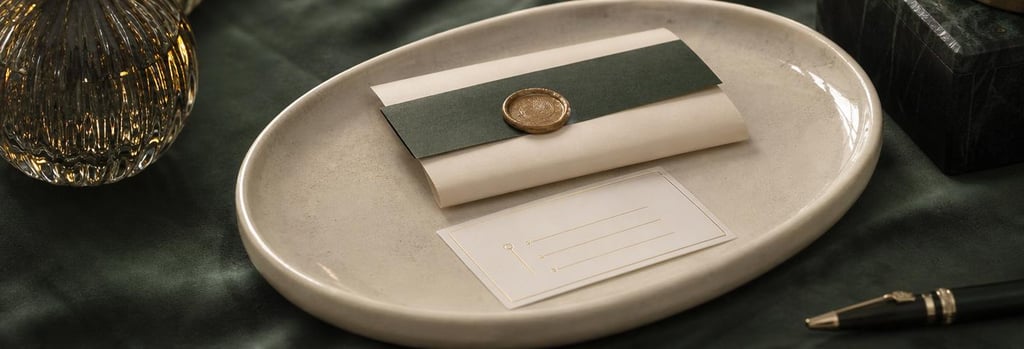 Photorealistic still life of a consultation desk: folded consent form and an appointment card on a cream ceramic tray, forest green background fabric, soft warm light, single focal point, editorial clinical detail, no readable text or branding.