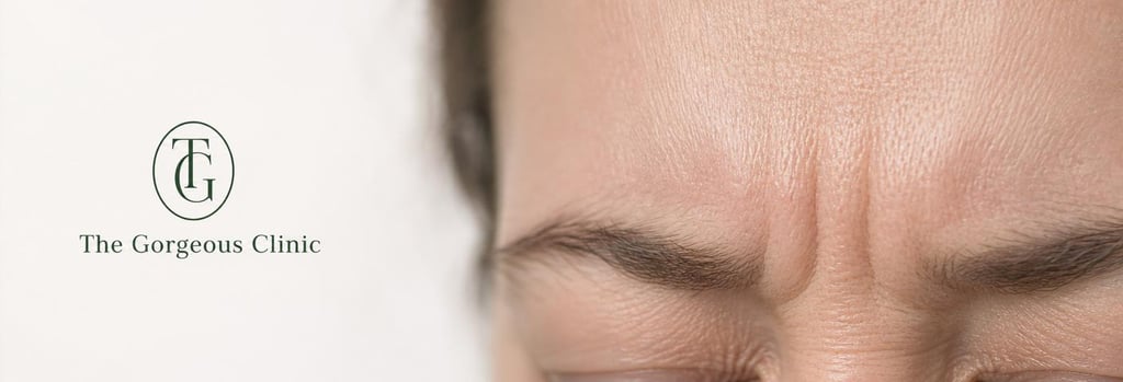 Photorealistic macro of mature forehead skin texture showing vertical glabellar lines, soft clinical lighting, clear skin pores and realistic texture, neutral cream and forest green accents, single focal point with negative space, editorial medical-aesthetic close-up.