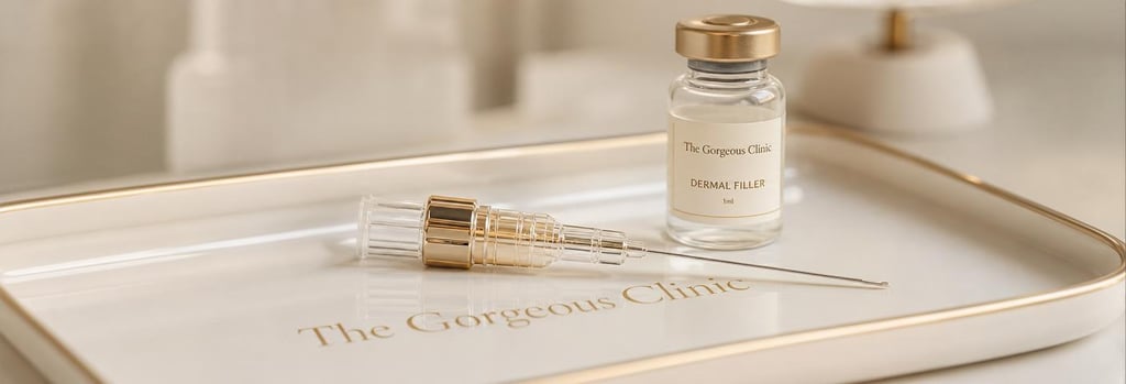 Photorealistic close-up of a polished cannula and filler vial resting on a sterile tray, soft cream and gold tones, shallow depth of field, clean editorial aesthetic, no branding, single focal point, premium clinical feel.